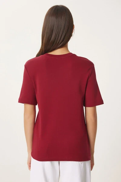 Woman Burgundy Cotton Basic Knitted T-Shirt AG00001-Bor - 7