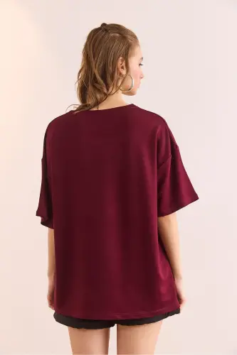 Woman Burgundy Crew Neck Oversize Soft Texture - OLALOOK (1)