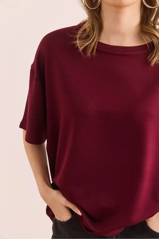 Woman Burgundy Crew Neck Oversize Soft Texture - 5