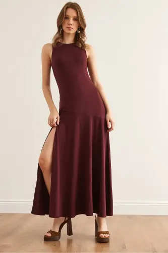 Woman Burgundy Deep Slit Flowy Sandy Dress E 