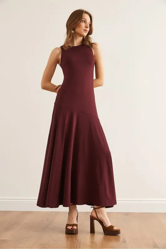 Woman Burgundy Deep Slit Flowy Sandy Dress E - 3