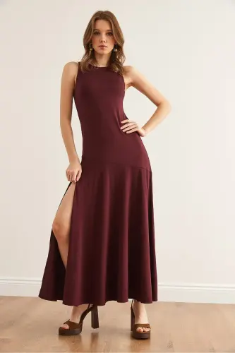 Woman Burgundy Deep Slit Flowy Sandy Dress E - 4