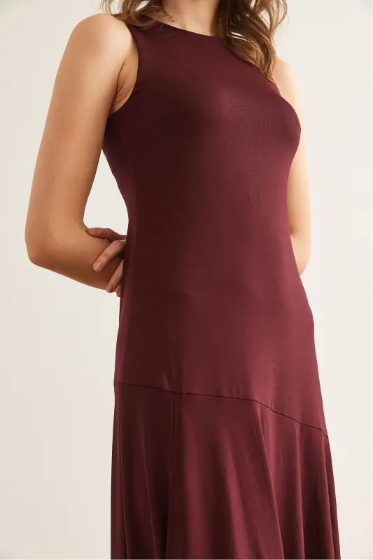 Woman Burgundy Deep Slit Flowy Sandy Dress E - 6