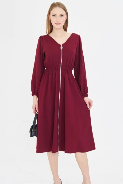 Woman Burgundy Front Back V Neck Front Zippered Long Sleeve - 1