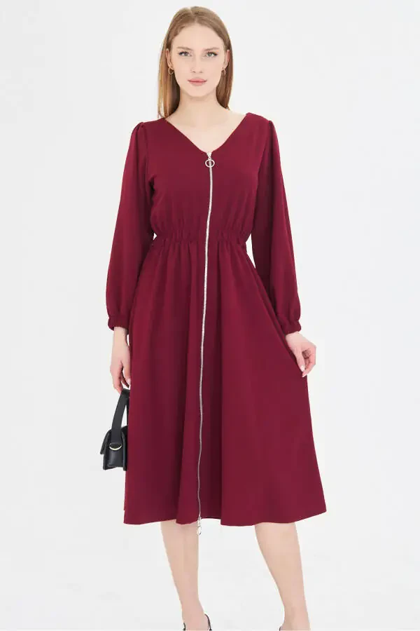 Woman Burgundy Front Back V Neck Front Zippered Long Sleeve - 1