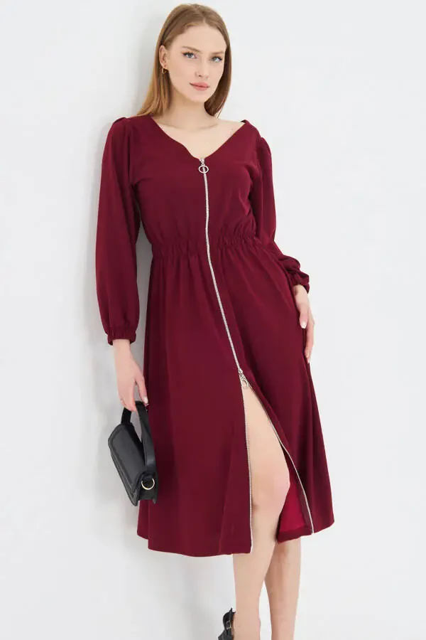 Woman Burgundy Front Back V Neck Front Zippered Long Sleeve - 2