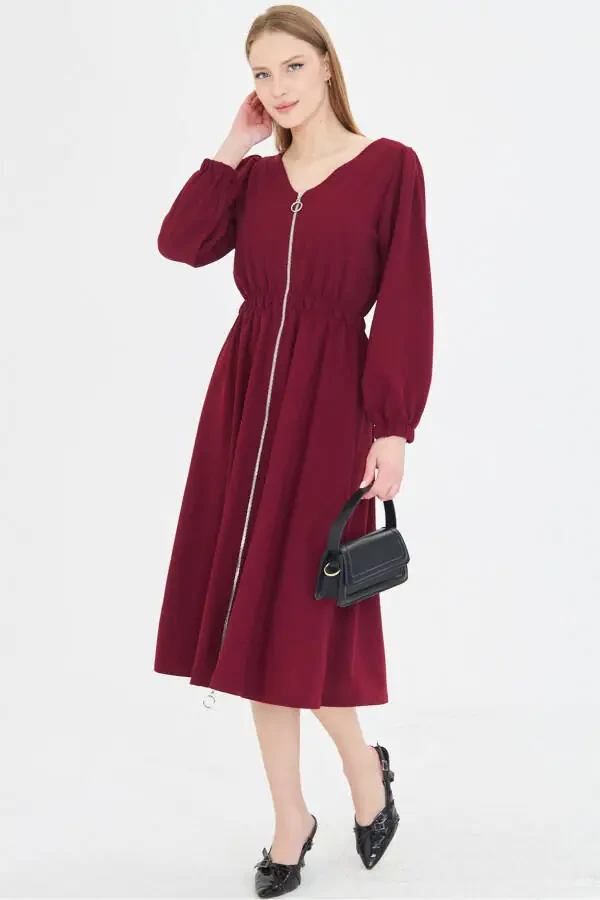 Woman Burgundy Front Back V Neck Front Zippered Long Sleeve - 3