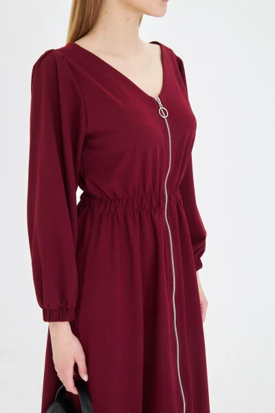 Woman Burgundy Front Back V Neck Front Zippered Long Sleeve - 4