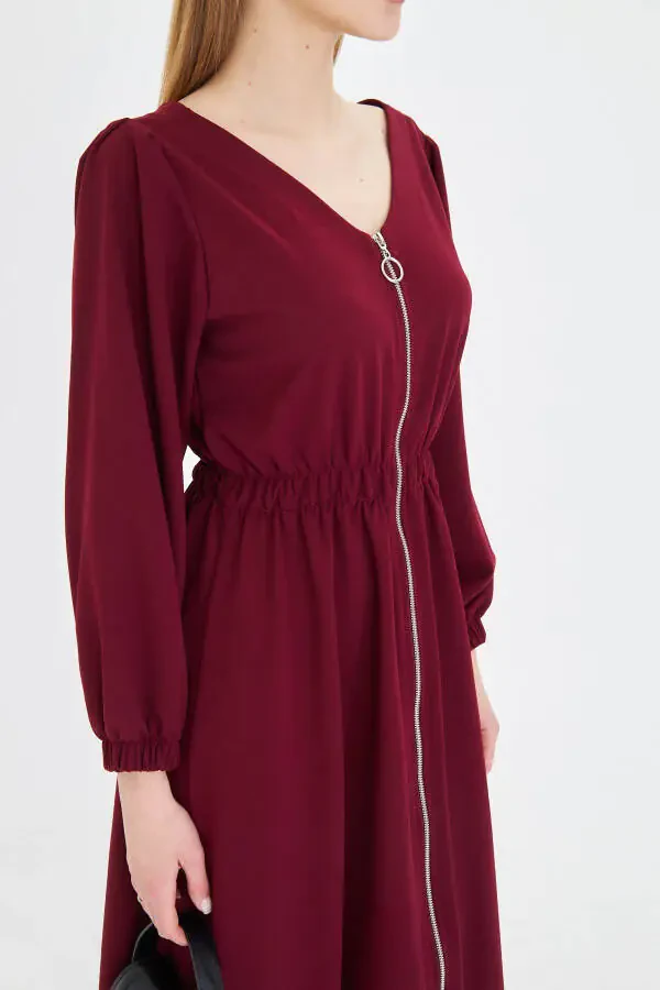 Woman Burgundy Front Back V Neck Front Zippered Long Sleeve - 4
