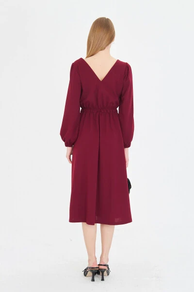 Woman Burgundy Front Back V Neck Front Zippered Long Sleeve - 5