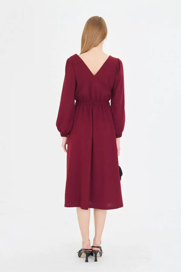 Woman Burgundy Front Back V Neck Front Zippered Long Sleeve - 5