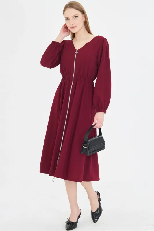 Woman Burgundy Front Back V Neck Front Zippered Long Sleeve - 4