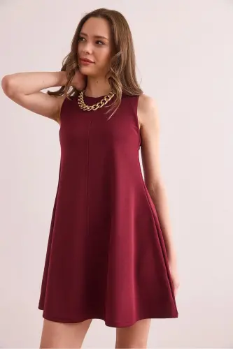 Woman Burgundy Front Seam Back Zippered Mini Crepe - 3