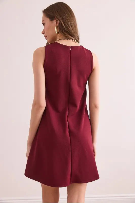 Woman Burgundy Front Seam Back Zippered Mini Crepe - 5