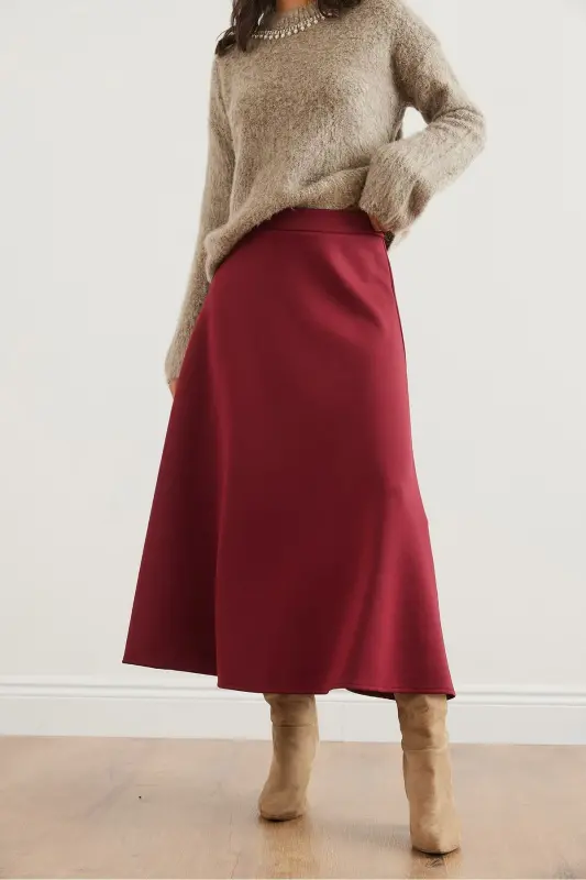 Woman Burgundy Maxi Flared Puffy Scuba Skirt ETK-19000296- - 5