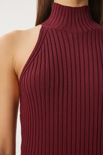 Woman Burgundy Off-Shoulder Wrap Ribbed Knit Dress FN03424-Burgundy - 4