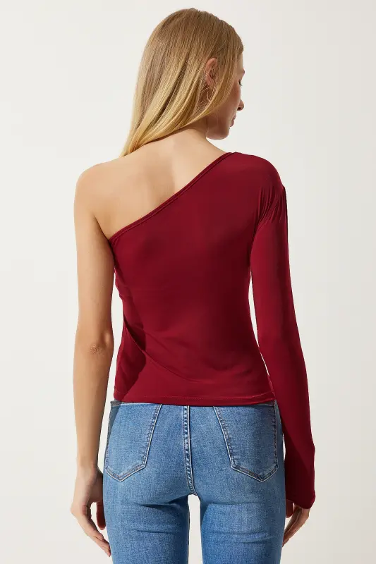 Woman Burgundy One Shoulder Ruched Detail Knitted Blouse ZH00032-Burgundy - 6