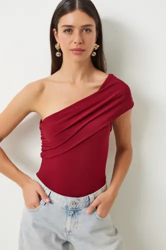Woman Burgundy One Shoulder Ruched Knitted Blouse DZ00112-Burgundy - 3