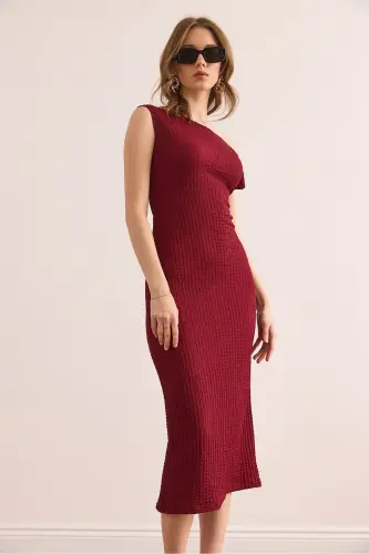 Woman Burgundy One Shoulder Textured Midi Dress DRS-190023 - 4