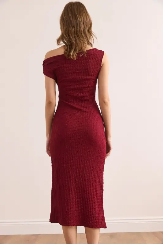 Woman Burgundy One Shoulder Textured Midi Dress DRS-190023 - 6