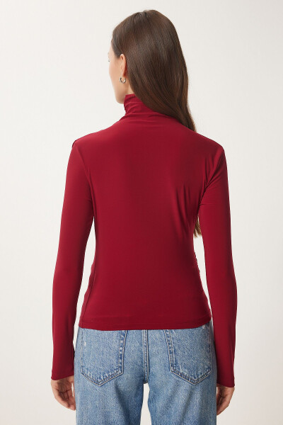Woman Burgundy Pleated Detail Stand Collar Sandy Blouse FF00135 - 7