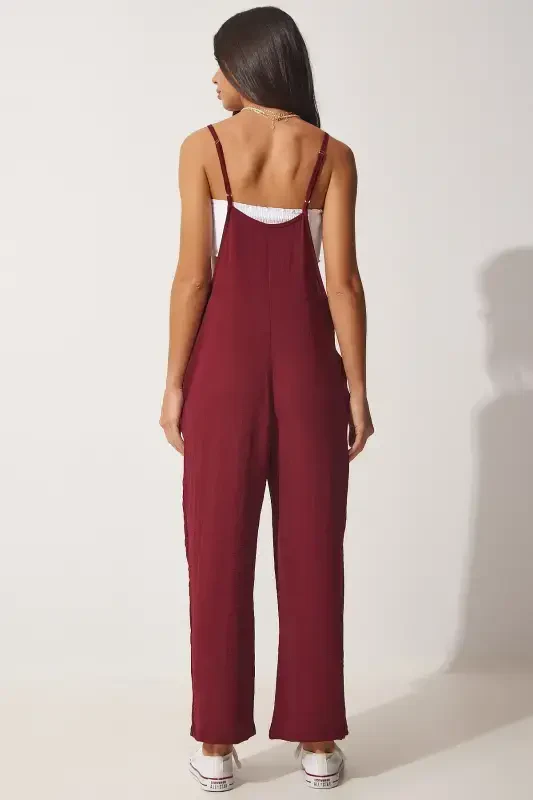 Woman Burgundy Pocketed Overalls DD00910-Burgundy - 3