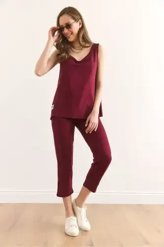 Woman Burgundy Sleeveless Loose Blouse Set Crystal Stone - 7