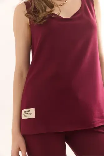 Woman Burgundy Sleeveless Loose Blouse Set Crystal Stone - 8