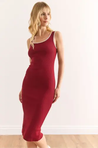 Woman Burgundy Stitch Detailed Soft Textured Flexible Dress - 5