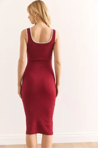 Woman Burgundy Stitch Detailed Soft Textured Flexible Dress - 7