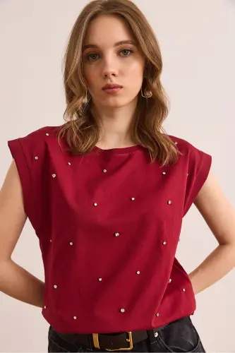 Woman Burgundy Stone Detailed Cotton T-Shirt TSH-19000812 - 3
