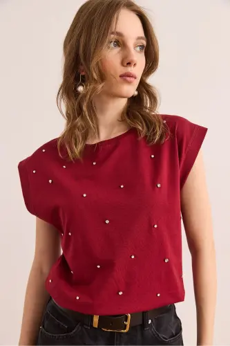 Woman Burgundy Stone Detailed Cotton T-Shirt TSH-19000812 - 4