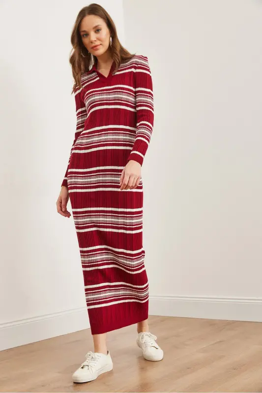 Woman Burgundy Striped Ribbed Polo Collar Maxi Knit Dr - OLALOOK