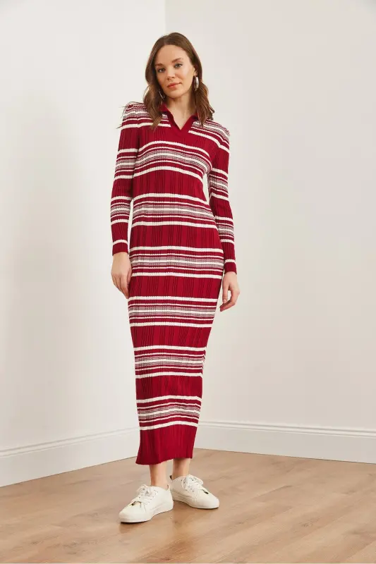 Woman Burgundy Striped Ribbed Polo Collar Maxi Knit Dr - 2