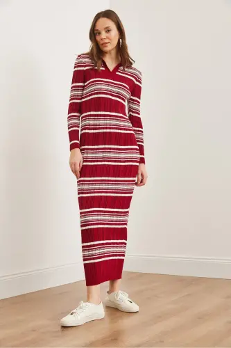 Woman Burgundy Striped Ribbed Polo Collar Maxi Knit Dr - 4