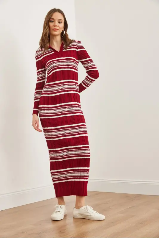 Woman Burgundy Striped Ribbed Polo Collar Maxi Knit Dr - 5