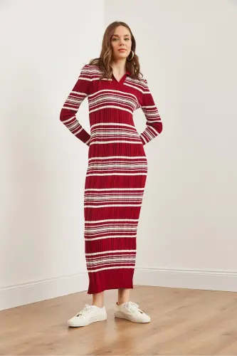 Woman Burgundy Striped Ribbed Polo Collar Maxi Knit Dr - 6