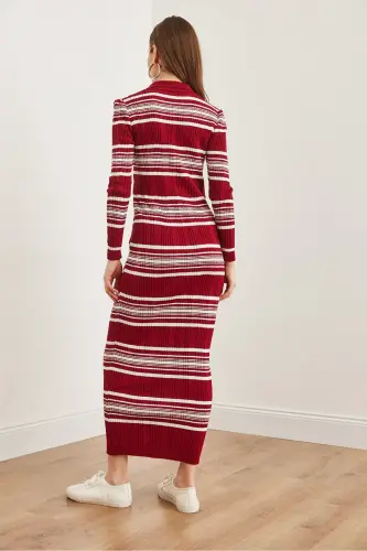 Woman Burgundy Striped Ribbed Polo Collar Maxi Knit Dr - 8