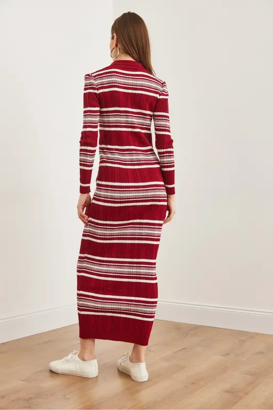 Woman Burgundy Striped Ribbed Polo Collar Maxi Knit Dr - 8