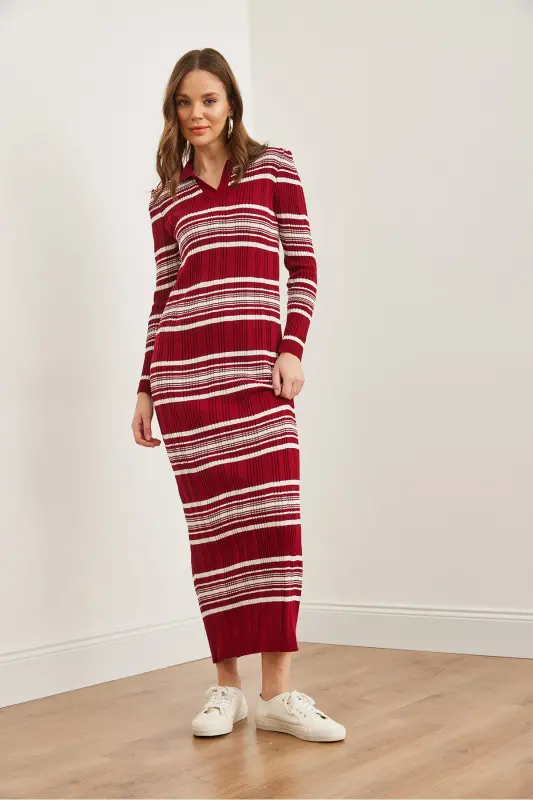 Woman Burgundy Striped Ribbed Polo Collar Maxi Knit Dr - 2