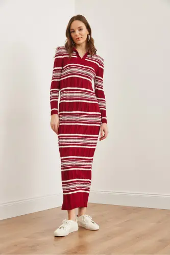 Woman Burgundy Striped Ribbed Polo Collar Maxi Knit Dr - 9
