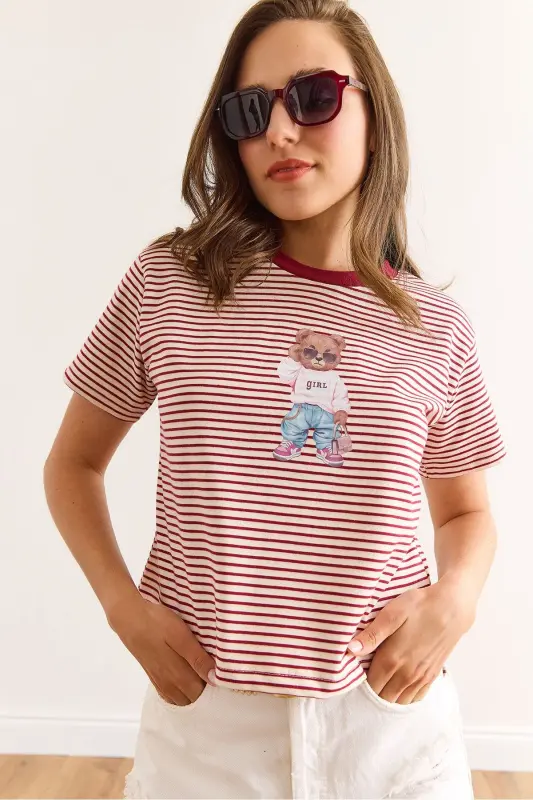 Woman Burgundy Striped Teddy Bear Printed Cotton T-Shirt TS - 2