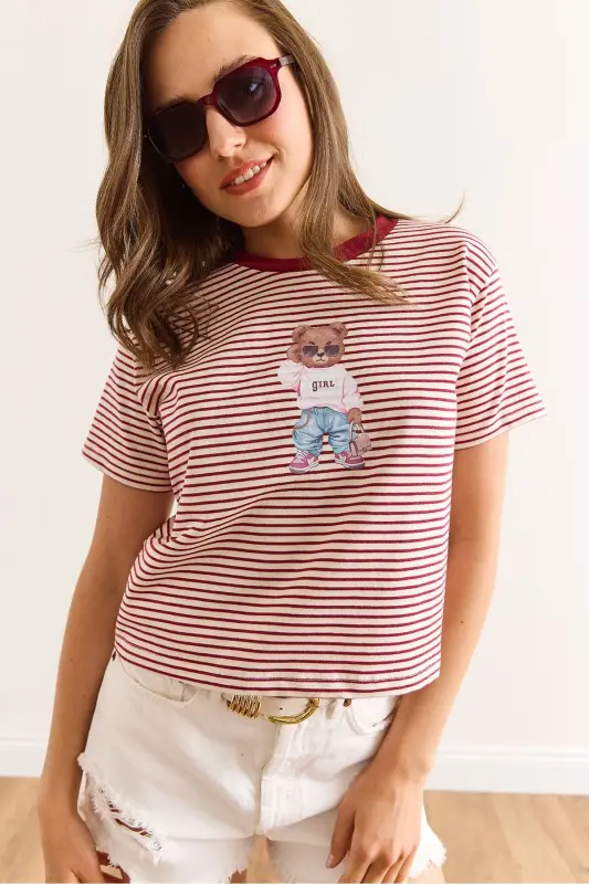 Woman Burgundy Striped Teddy Bear Printed Cotton T-Shirt TS - 3