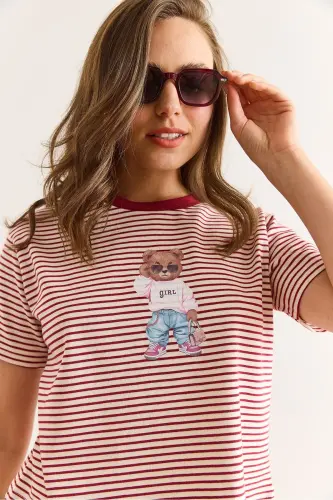 Woman Burgundy Striped Teddy Bear Printed Cotton T-Shirt TS - 4