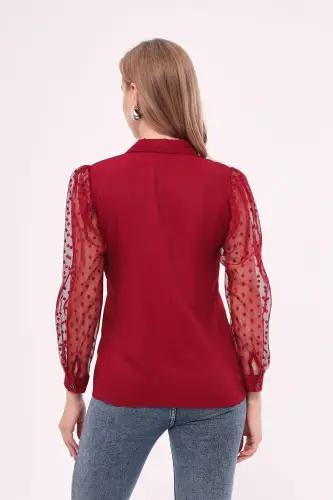 Woman Burgundy Tulle Sleeve Blouse ARM-20K001068-Burgundy - 6