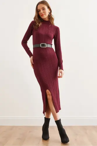 Woman Burgundy Turtleneck Belted Slit Knitwear Dress 