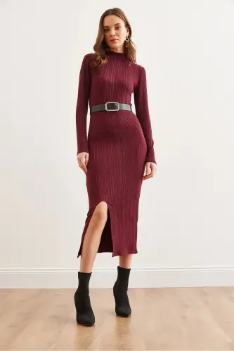 Woman Burgundy Turtleneck Belted Slit Knitwear Dress - OLALOOK (1)