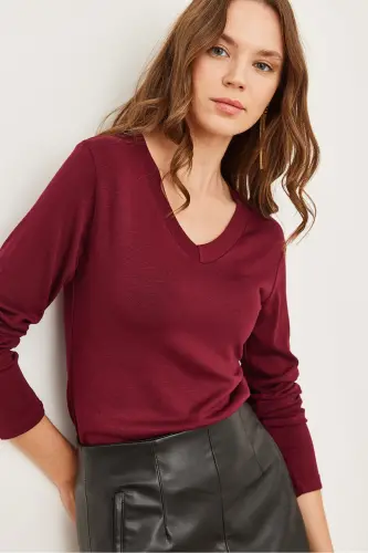 Woman Burgundy V-Neck Draped Soft Touch Blouse BLZ-19002757-Burgundy - 3