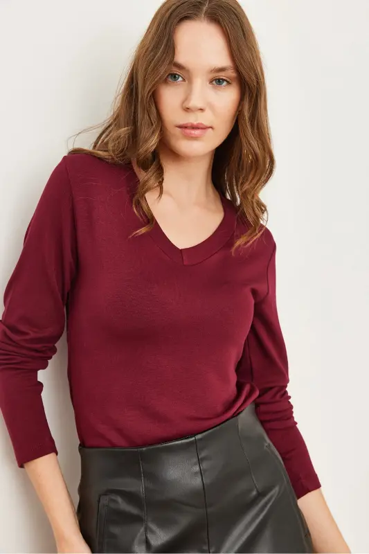 Woman Burgundy V-Neck Draped Soft Touch Blouse BLZ-19002757-Burgundy - 5