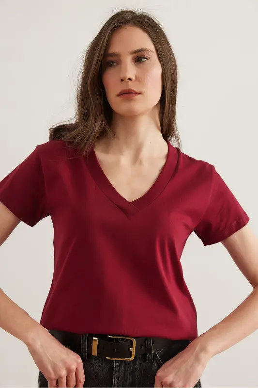 Woman Burgundy V Neck Flam Tee TSH-19000396-Bord - 11